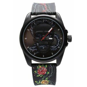 NEW ED HARDY MEN'S BLACK SILICONE SKULL FACE MULTICOLOR  STRAP WATCH 46MM IN BOX